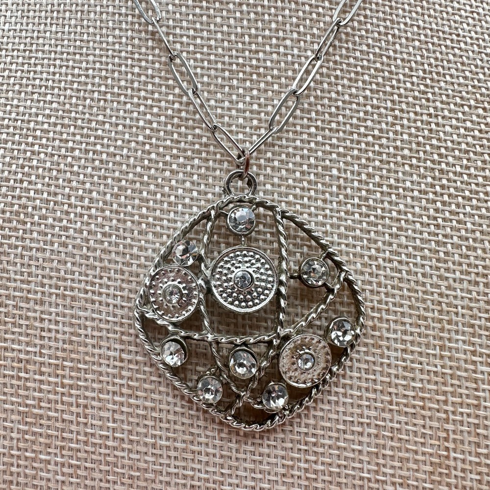 Vintage 90s Silver Tone Openwork Square Shape Glass Pendant Necklace Jewelry 90s